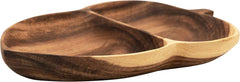 Side angle of two section acorn wood snack tray showing curved edges