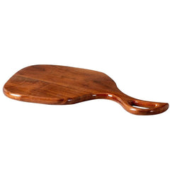 Side view of dark solid wood serving tray with open cut-out handle on white