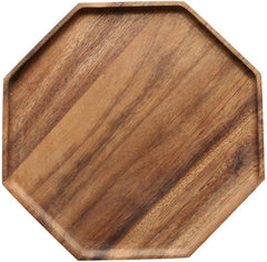 Octagon acacia wood serving platter showing wood grain, top view