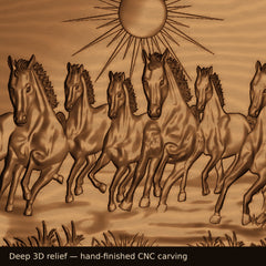 Close-up of 3D relief carving detail on seven horses wooden wall art