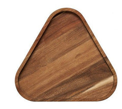 Plain triangle shaped wooden platter tray with raised rim, top view on white