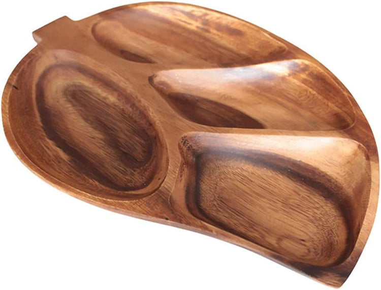 Angled view of solid acacia wood leaf shaped snack serving tray
