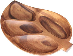 Top view of dark acacia wood leaf tray with curved compartments and stem handle
