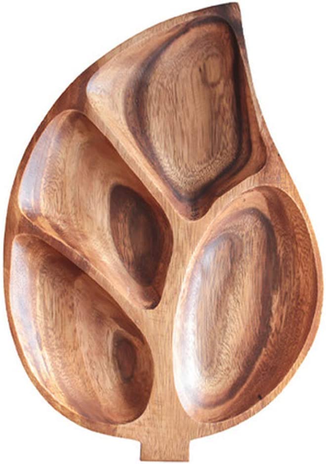 Acacia wood leaf shaped serving tray with four sections standing upright