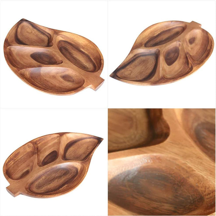 Collage of acacia wood leaf serving tray from four angles with grain close-up