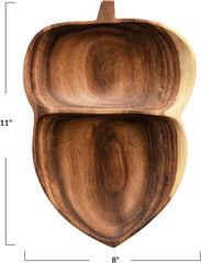 Dimension diagram of acorn shaped solid wood snack serving tray