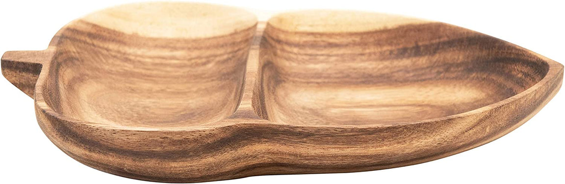 Low side view of acorn leaf wooden serving tray with light wood grain