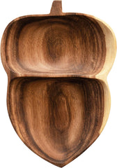 Acorn shaped solid wood serving tray with two compartments, upright view