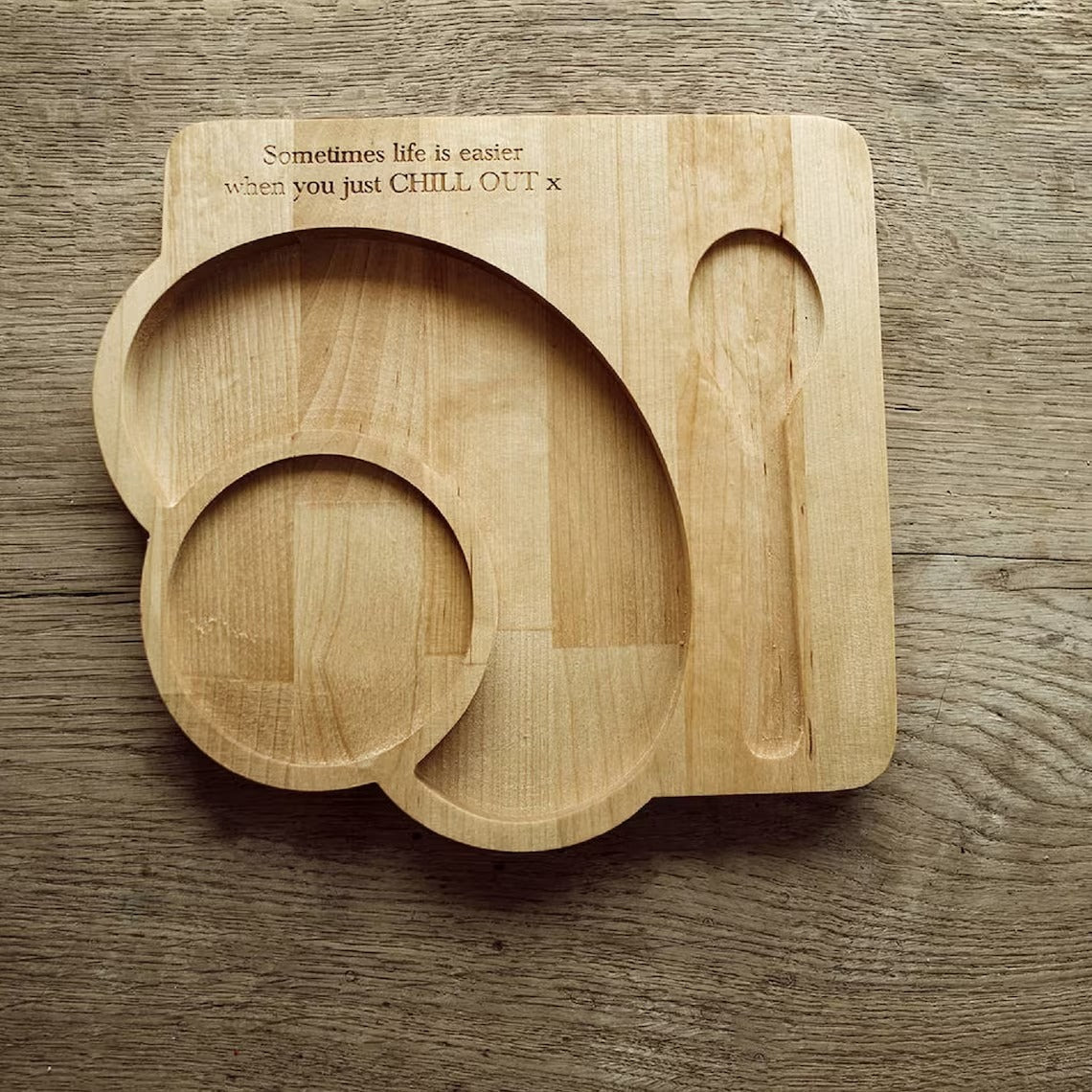 Empty solid wood serving tray with round cup slot and spoon groove