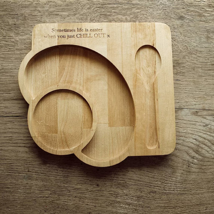 Empty solid wood serving tray with round cup slot and spoon groove