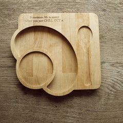 Empty solid wood serving tray with round cup slot and spoon groove