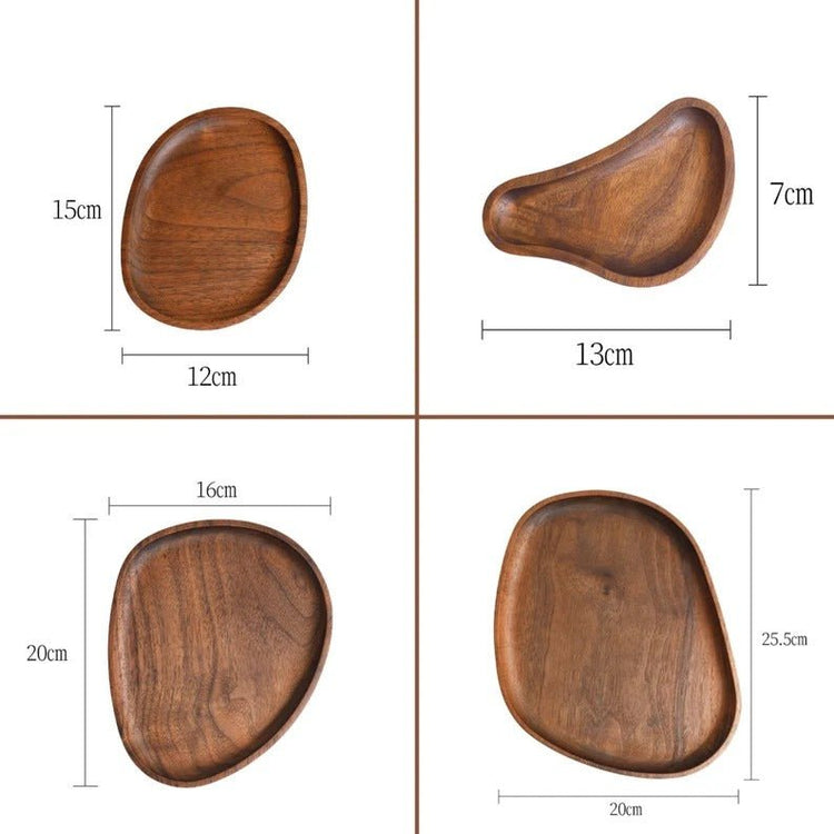 Dimension diagram of four contorted wooden serving tray sizes