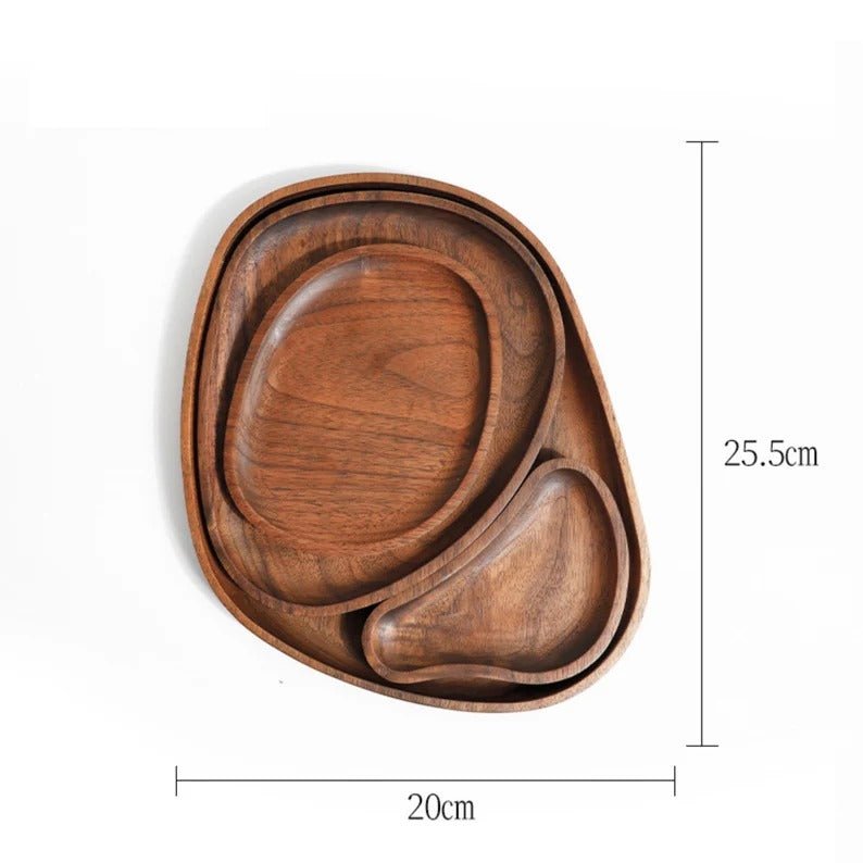 Dimension diagram of two nested contorted wooden serving trays
