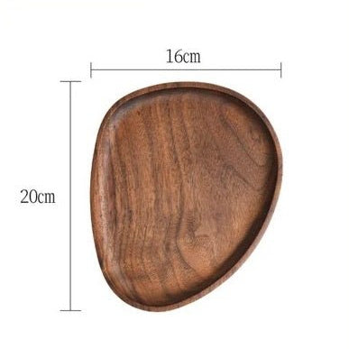 Dimension diagram of medium contorted wooden tray, 20 by 16 cm