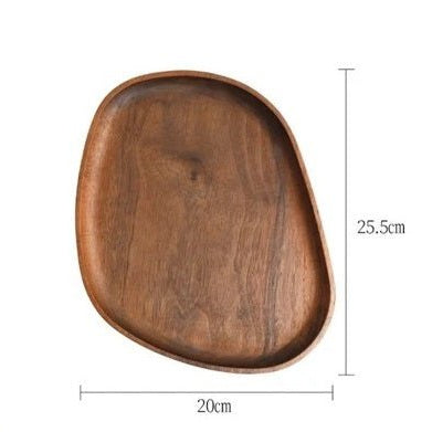 Dimension diagram of large contorted wooden serving tray, 25.5 by 20 cm
