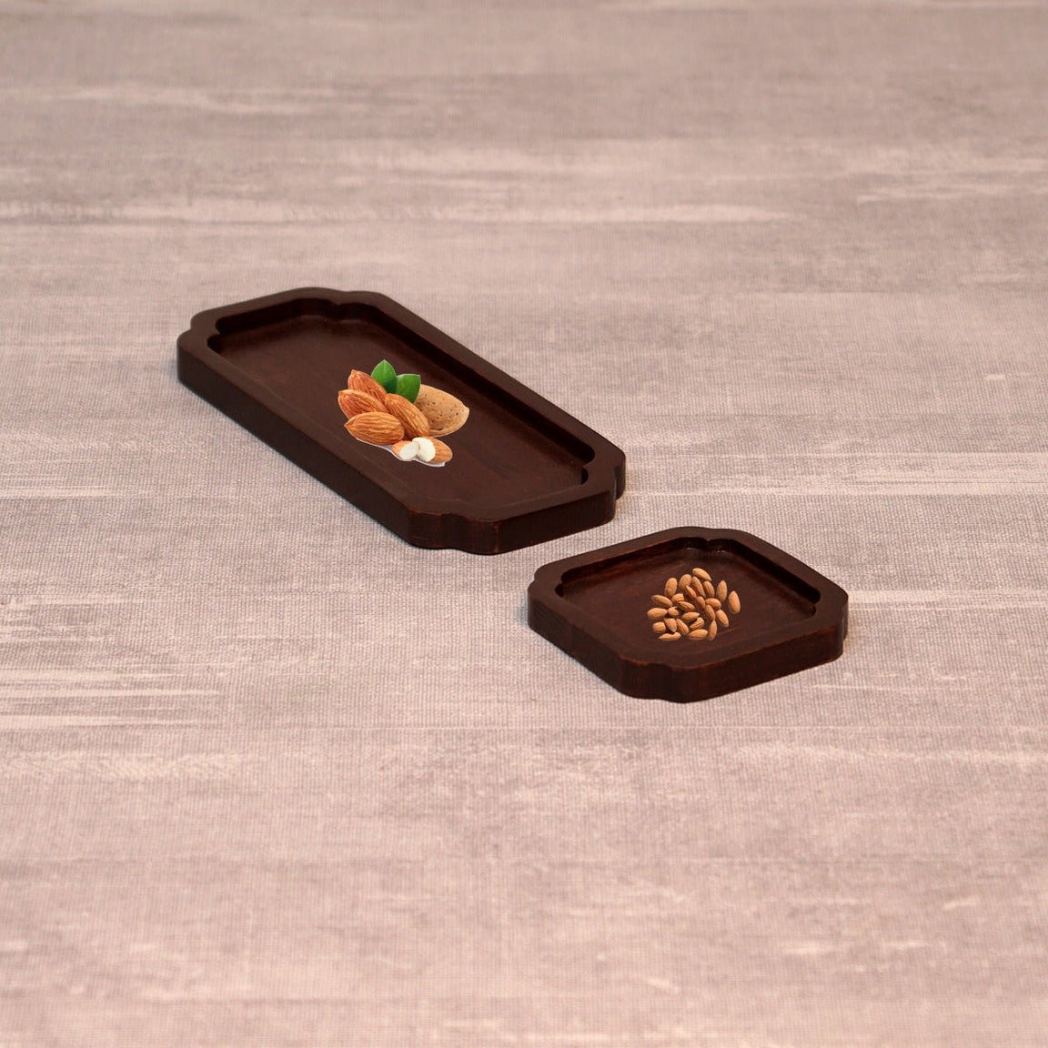 Dark walnut wooden tea trays in long and square sizes with snacks