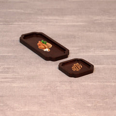 Dark walnut wooden tea trays in long and square sizes with snacks