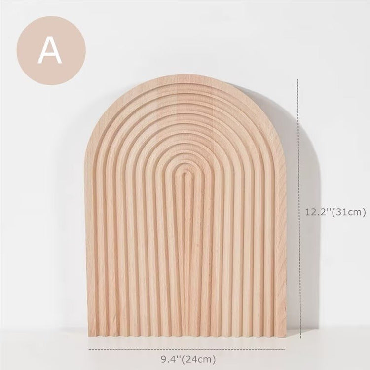Dimension diagram of arch shaped grooved wooden tray, style A