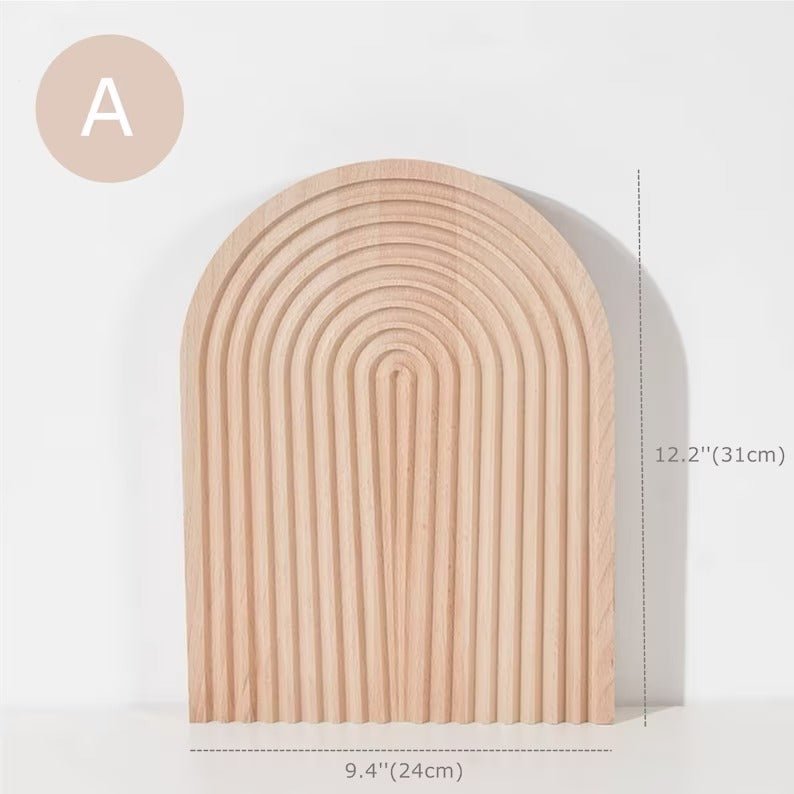 Dimension diagram of arch shaped grooved wooden tray, style A