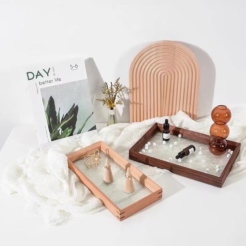 Grooved wooden decor trays displayed with sand tray and ornaments