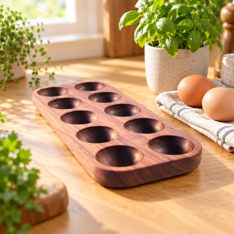 Mahogany ten-slot egg holder tray on a kitchen counter with eggs and a natural herb plant beside it