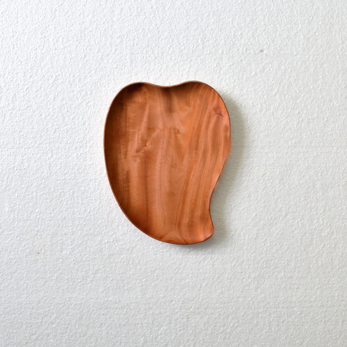 Empty mango shaped wooden serving tray, top view on white background