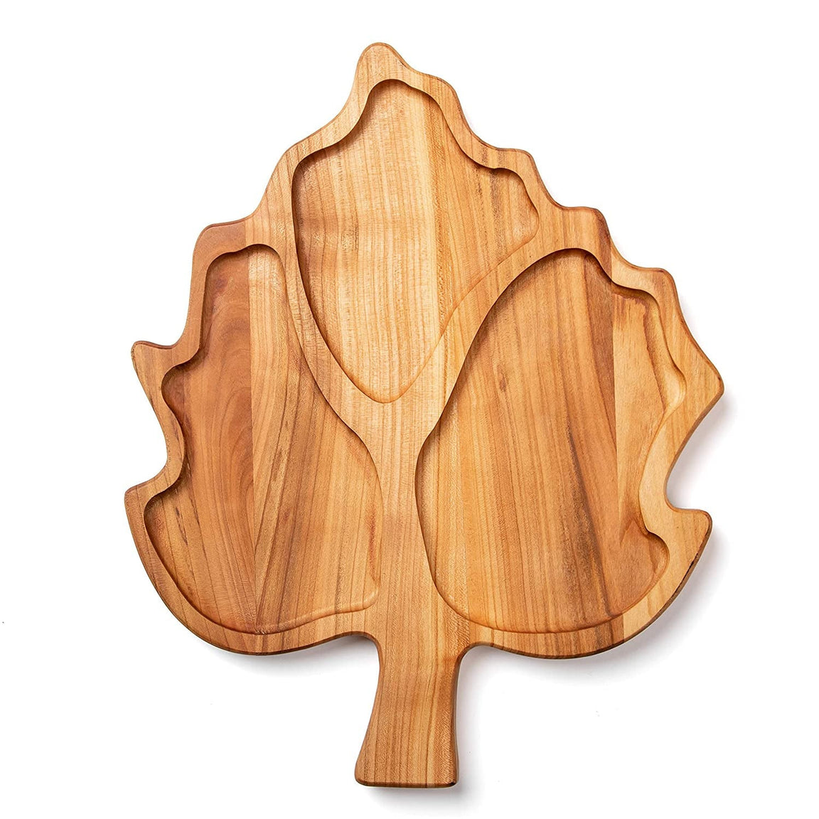 Empty maple leaf shaped wooden serving tray with three sections on white background