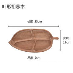 Dimension diagram of leaf shaped wooden platter tray 35cm long and 17cm wide
