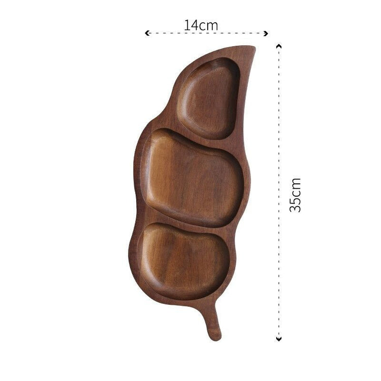 Dimension diagram of leaf shaped wooden snack tray, 14 cm wide and 35 cm long
