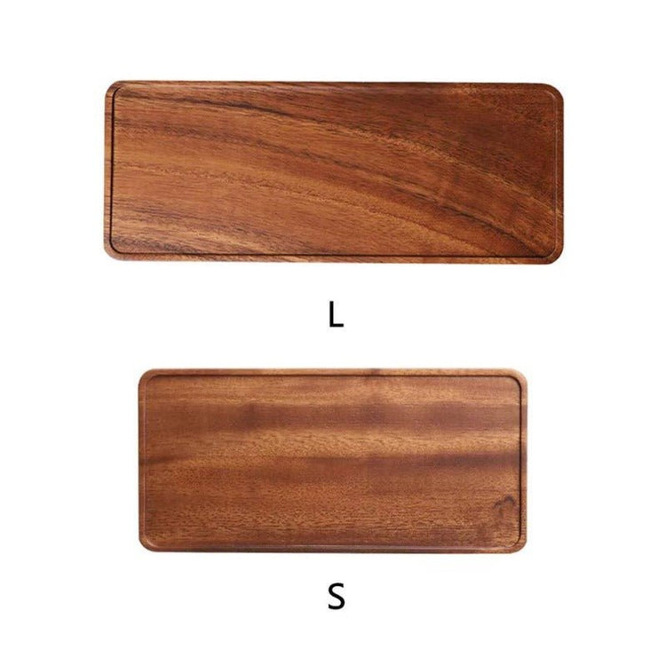 Large and small rectangular wooden tea trays compared, labelled L and S