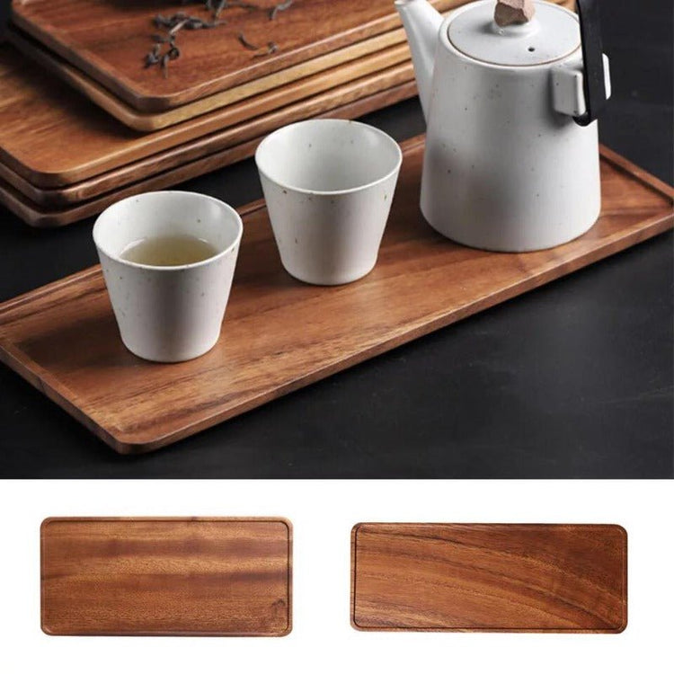 Wooden tea tray with white teapot and cups, shown above two tray sizes
