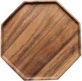 Octagon acacia wood serving platter showing wood grain, top view