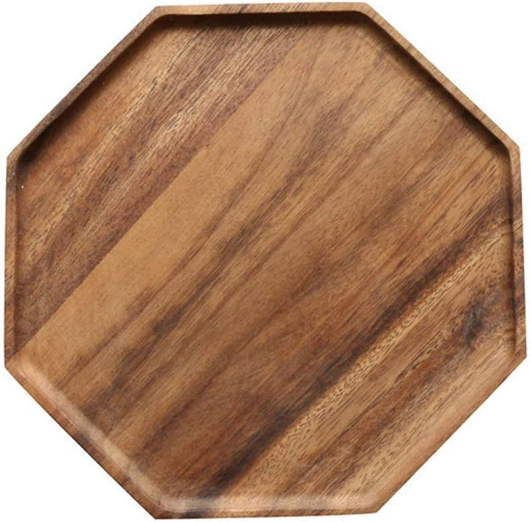 Octagon acacia wood serving platter showing wood grain, top view