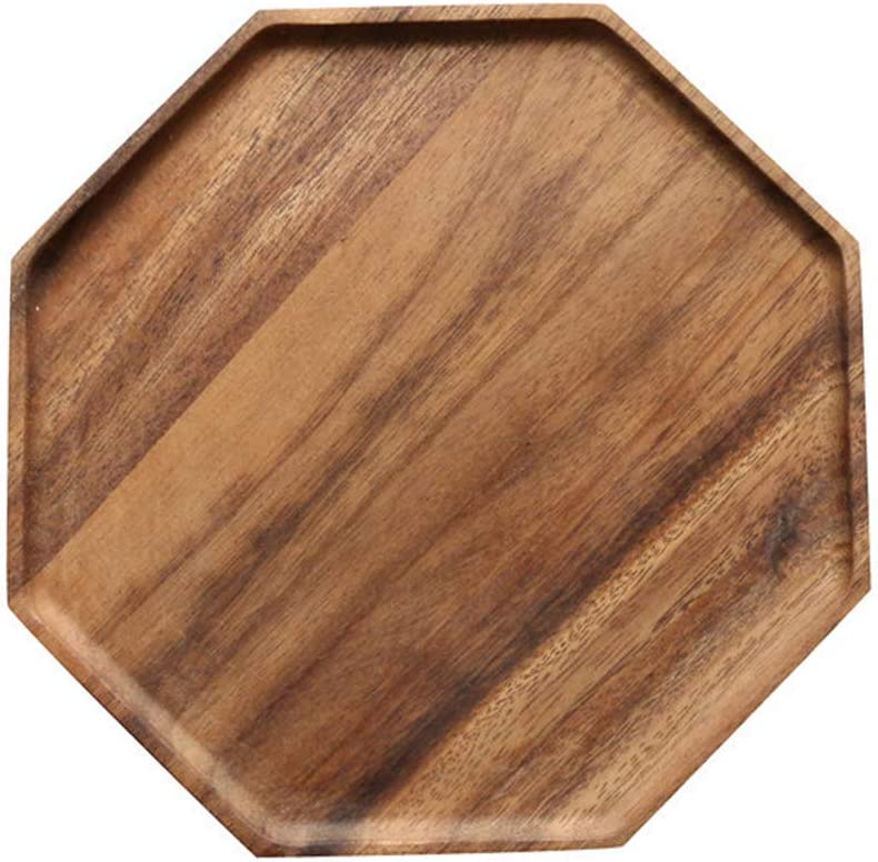 Octagon acacia wood serving platter showing wood grain, top view
