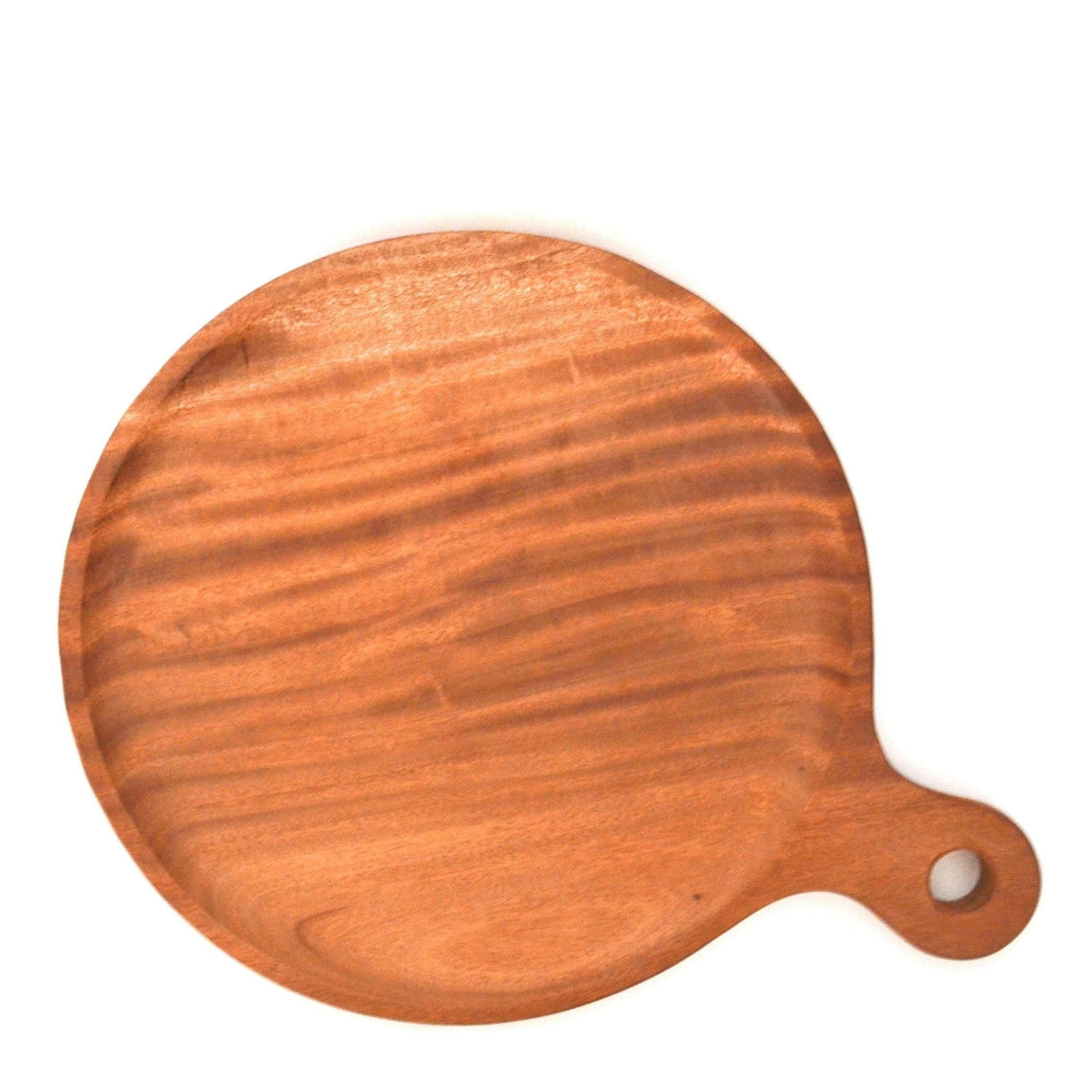 Empty round wooden pizza serving board with handle, top view