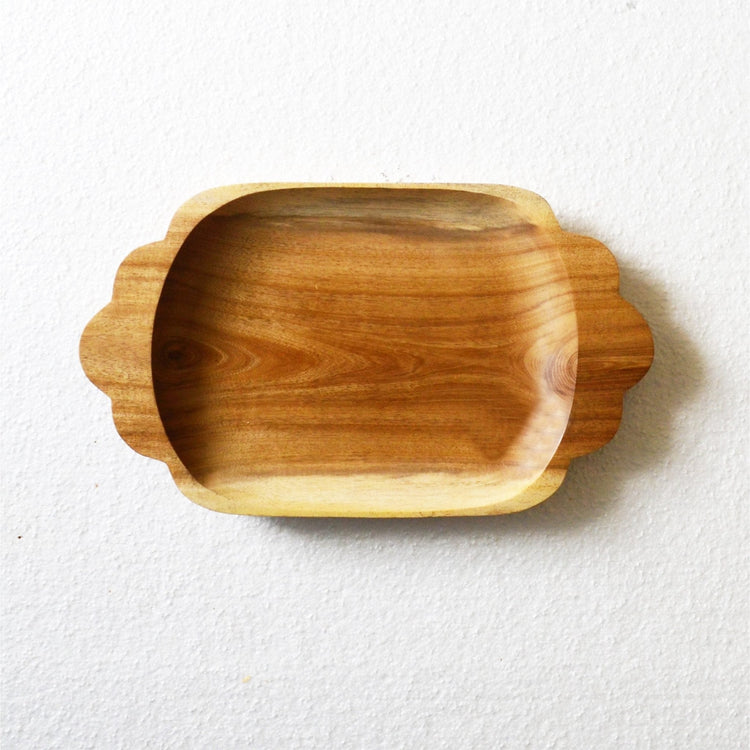 Empty rectangle wooden platter tray with scalloped handles, top view
