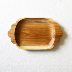 Empty rectangle wooden platter tray with scalloped handles, top view