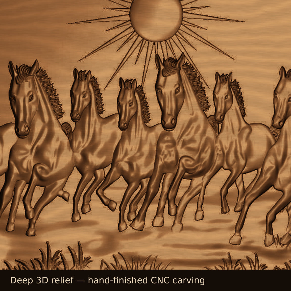 Close-up of 3D relief carving detail on seven horses wooden wall art