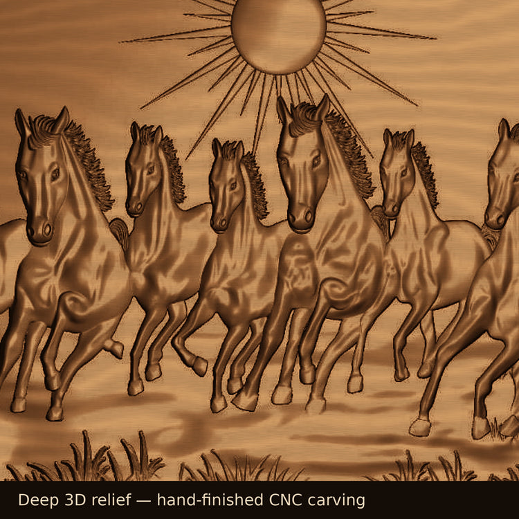 Close-up of 3D relief carving detail on seven horses wooden wall art
