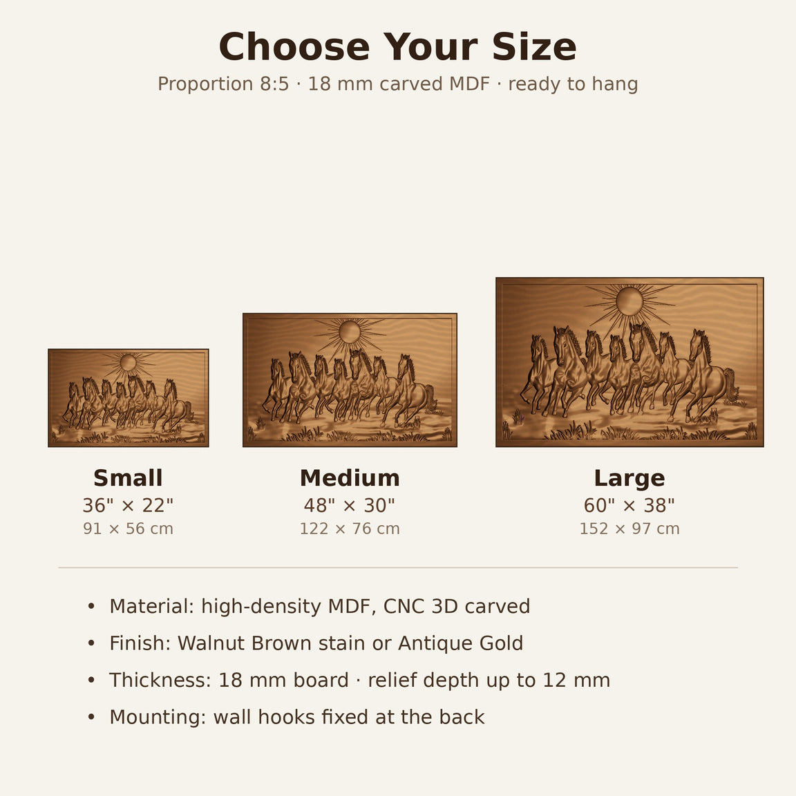 Size guide for seven horses wall panel: small 36x22, medium 48x30, large 60x38 inches