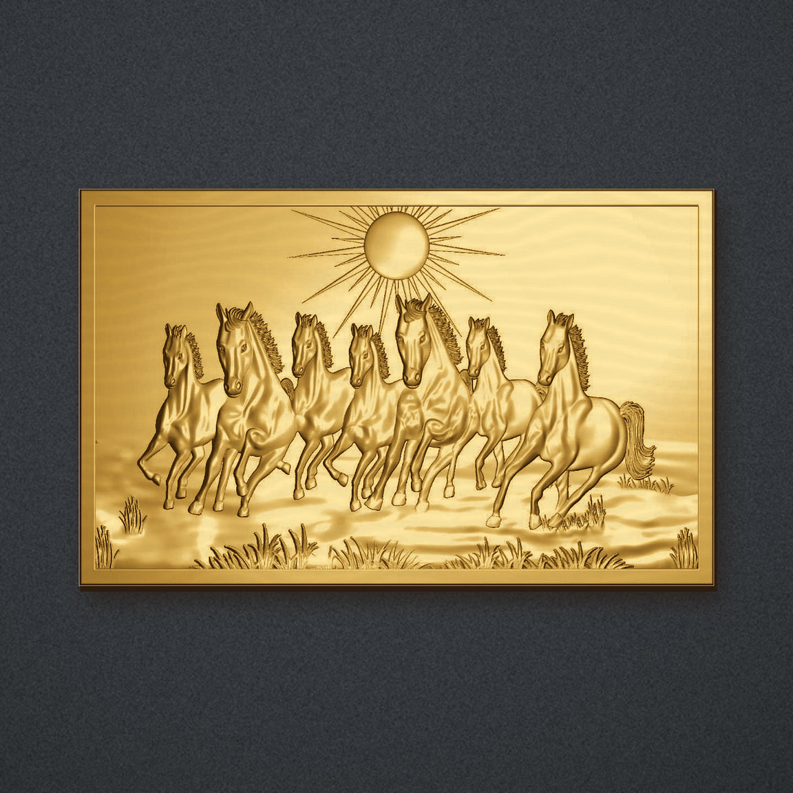 Seven running horses 3D carved wall panel in antique gold finish