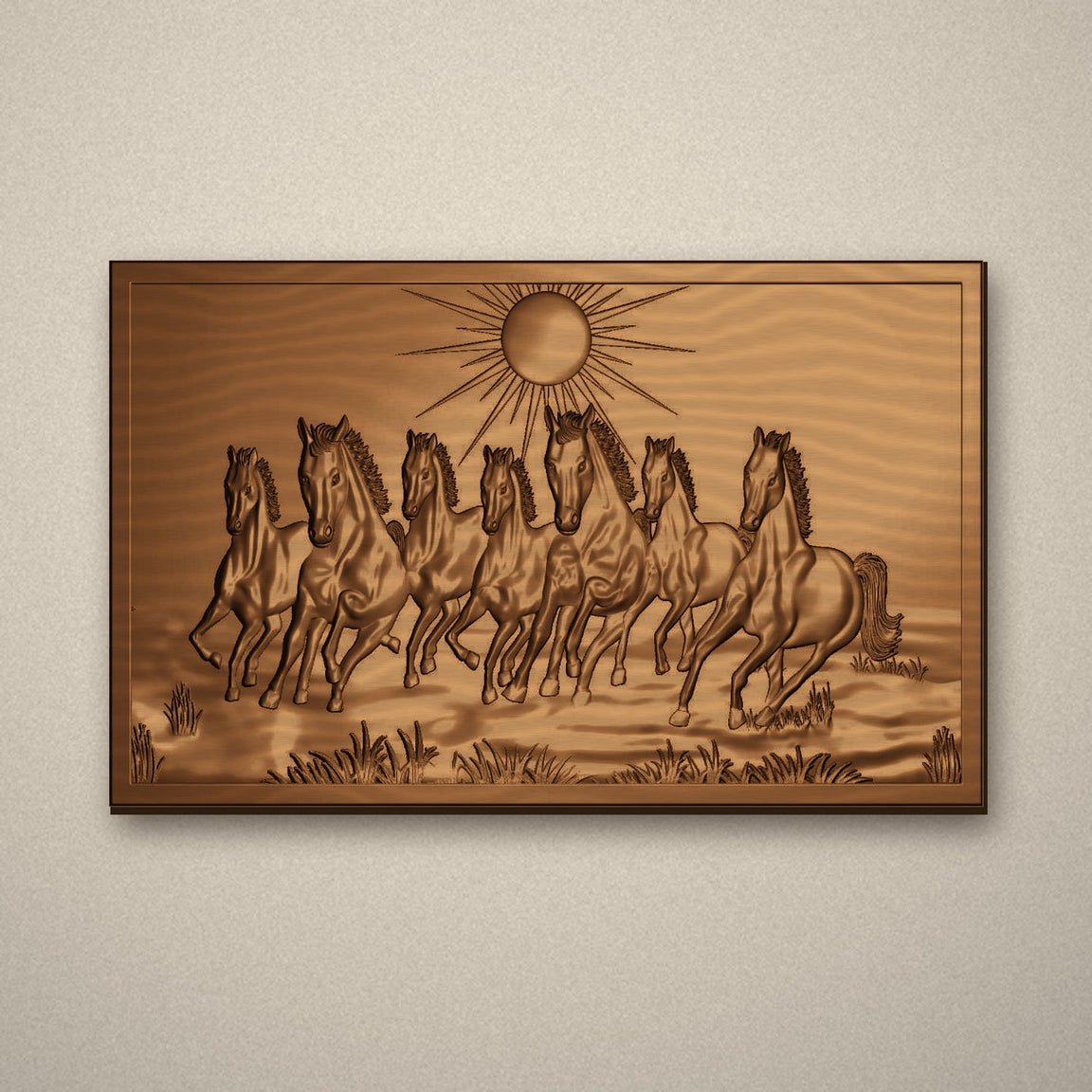 Seven running horses 3D CNC wood carving wall panel in walnut brown finish
