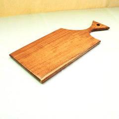 Empty straight cut solid wood serving tray with handle hole showing wood grain