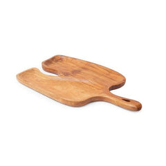 Two wooden snack platters with handles overlapping on white background