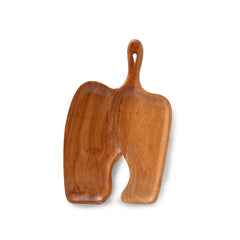 Curved wooden snack platter with handle on white background, top view