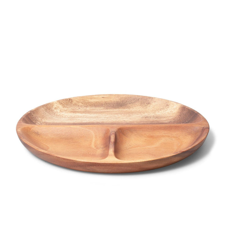 Empty three section round wooden platter, low side angle