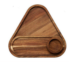 Triangle shape wood platter tray with round cup recess on white background