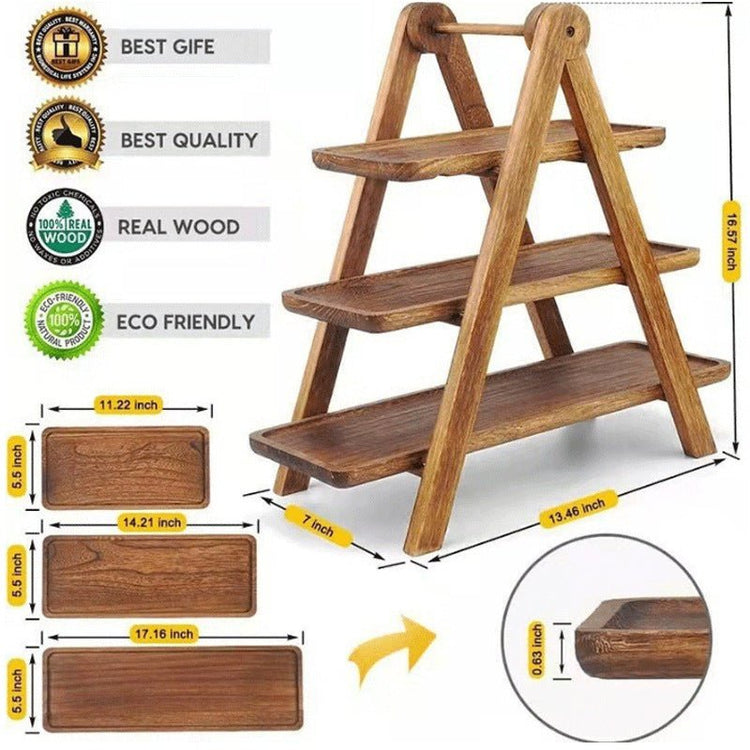 Infographic showing features and tray sizes of three-tier wooden serving tray rack
