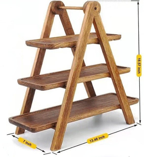 Dimension diagram of empty three-tier wooden food serving tray rack